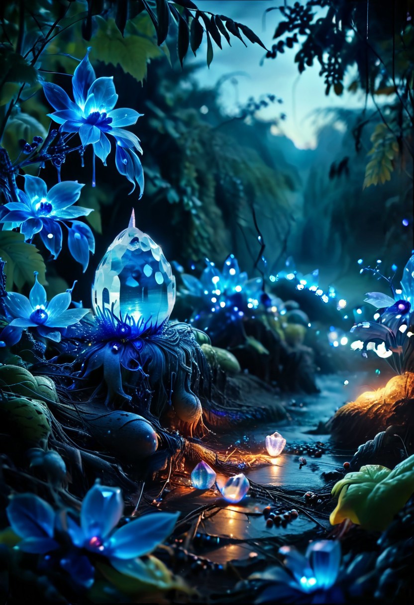 (8k analog nature photography:1.2), (a beautiful landscape:1.1) Extreme realism,  Insanely realistic, with a river in the distance, shiny sapphire (crystal:1.2) berries ,<lora:Bio-Luminescence:1> bioluminescent, glowing, focus on the fruit.  bioluminescent, glowing, detailed , detailed style, perfect, Night, darkness,
