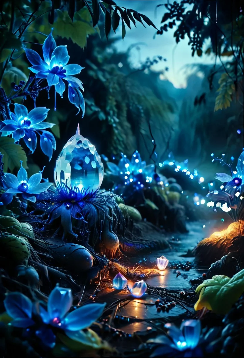 (8k analog nature photography:1.2), (a beautiful landscape:1.1) Extreme realism, Insanely realistic, with a river in the distance, shiny sapphire (crystal:1.2) berries ,<lora:Bio-Luminescence:1> bioluminescent, glowing, focus on the fruit. bioluminescent, glowing, detailed , detailed style, perfect, Night, darkness,