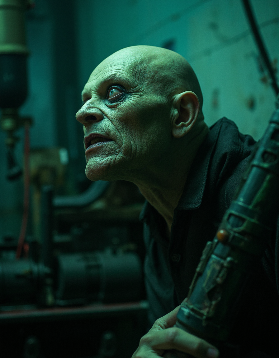 A dark, atmospheric portrayal of a grotesque, bald, and wrinkled figure, possibly a ghastly man or a grotesque creature, set against a dimly lit, industrial backdrop. The figure's skin is pale, with deep wrinkles and folds, and its eyes are wide open, conveying a sense of unease or distress. The color palette is dominated by shades of greenish-blue, with hints of black and metallic hues. The setting appears to be a workshop or factory, with various machinery and equipment visible in the background. The overall mood of the image is eerie and foreboding, with the creature appearing to be in a state of deep contemplation or readiness.
