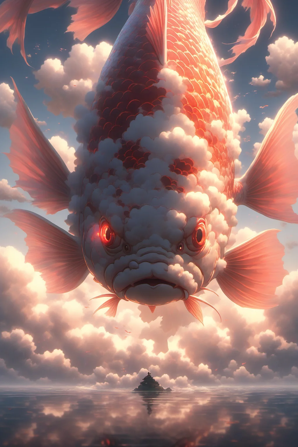 Hyperrealistic art BJ_Sacred_beast, red_eyes, outdoors, sky, cloud, water, no_humans, glowing, bird, ocean, animal, cloudy_sky, star_\(sky\), scenery, glowing_eyes, reflection, fish, flying, sunset,
cinematic lighting,strong contrast,high level of detail,Best quality,masterpiece,White background,<lora:SDXL_Sacred_beast:0.7>, . Extremely high-resolution details, photographic, realism pushed to extreme, fine texture, incredibly lifelike
