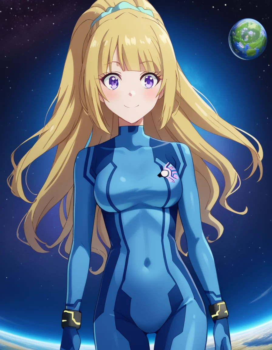 score_9, score_8_up, score_7_up, source_anime, keikaruizawa, <lora:kei-karuizawa-anime-s2-ponyxl-lora-nochekaiser:1>, kei karuizawa, long hair, bangs, blunt bangs, purple eyes, blonde hair, hair ornament, ponytail, scrunchie, blue scrunchie,, <lora:samus-aran-cosplay-ponyxl-lora-nochekaiser:1>, samusarancosplay, samus aran \(cosplay\), blue bodysuit, bodysuit, covered navel, skin tight, zero suit,, space, planet, earth \(planet\), star \(sky\), galaxy, nebula, moon, blush, smile,, cowboy shot, dutch angle, solo,