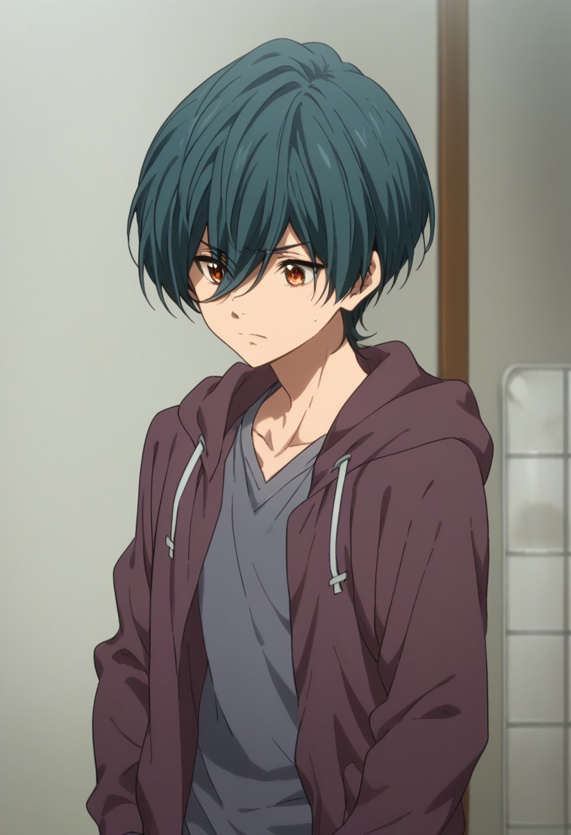 score_9, score_8_up, score_7_up, source_anime, highly detailed, 
ikuya, 1boy, male focus, solo, hood, brown eyes, hair between eyes, shirt, short hair, sweatdrop, grey shirt,
hoodie, purple hoodie, open hoodie, aqua hair,
indoor, japanese,