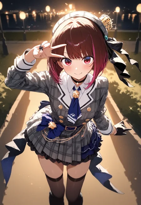 masterpiece, high score, great score, absurdres, 1girl, arima kana, oshi no ko, hoshimachi suisei, hoshimachi suisei \(1st costume\), cosplay, looking at viewer, smile, outdoors, night, v, masterpiece, high score, great score, absurdres
