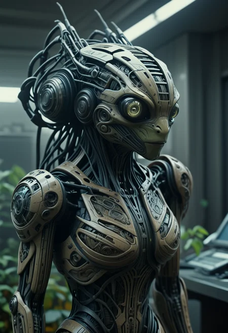 positiv Clip L:  score_9,   stained, highly detailed, found footage, biomechanical frog cyberpunk cybernetics, human-machine fusion, dystopian, organic meets artificial, dark, intricate,  raw photo, (realistic:1.5), (half-length portrait:1.31), ([german:italian:0.76] girl 25-years-old:1.5), (normal weight, normal weight body:0.86), (the over-the-shoulder look:1.5), (shullet hairstyle:1.25), (skin details, skin texture:0.36), (skin pores:0.36), (iris details:1.0), (circular iris:1.0), (circular pupil:1.0), (facial asymmetry, face asymmetry:1.09) positiv Clip G:  score_9,   stained, highly detailed, found footage, biomechanical frog cyberpunk cybernetics, human-machine fusion, dystopian, organic meets artificial, dark, intricate,