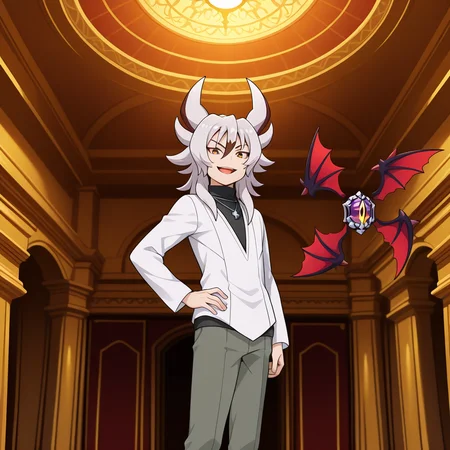 masterpiece,best quality,amazing quality BREAK kyoya gaen,disaster force,jewelry,hand on own hip,dark core deck case\(wings\),floating object,floating,necklace,1boy,male focus,indoors,ceiling light,pants,black turtleneck,white v-neck shirt,cross necklace,smile,looking at viewer,open mouth,long sleeves,shirt,ceiling,solo,grey pants,standing,white shirt,long hair,horns,<lora:Kyoya_Gaen_V2-3>,