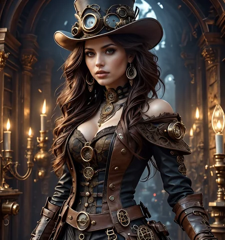RAW photo, (masterpiece:1.3), subsurface scattering, heavy shadow, (high quality:1.4), (intricate, high detail:1.2), professional photography, HDR, High Dynamic Range, realistic, ultra realistic, photorealistic, high resolution, film photography, ambient lighting, atmospheric effects, <lora:detail_slider_v4:2>, OverallDetail, <lora:SteampunkChar:1>, 1girl, bare shoulders, belt, braid, brown hair, candle, choker, coat, cowboy hat, dress, earrings, gloves, jewelry, leather, lips, long hair, scar, skirt, solo, steamchar, steampunk, top hat,