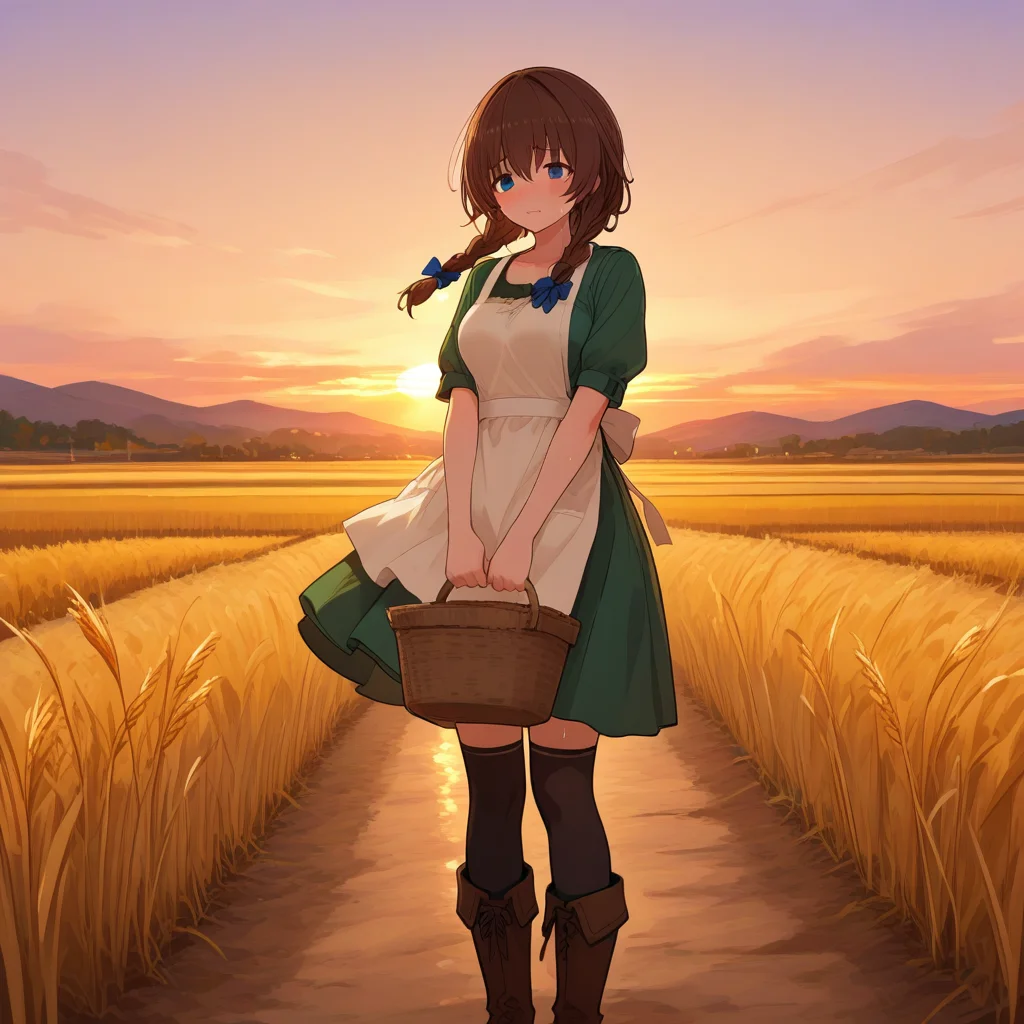 1girl, standing, dirt road, wheat field, sunset sky, slight sweat, tired expression, braid, holding basket loosely, warm colors, soft wind
,<lora:HolyKnight_Ricca_Illustrious:0.8>,holy_ricca,braid,twin braid,long hair,breasts,blue eyes, brown hair,casual_ricca,dress,thighhighs,boots,apron,green dress,bow,brown footwear,basket, masterpiece, best quality, amazing quality, newest, <lora:748cmSDXL:1>,748cmstyle