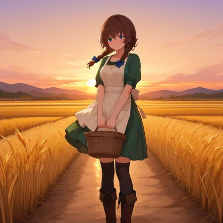 1girl, standing, dirt road, wheat field, sunset sky, slight sweat, tired expression, braid, holding basket loosely, warm colors, soft wind
,<lora:HolyKnight_Ricca_Illustrious:0.8>,holy_ricca,braid,twin braid,long hair,breasts,blue eyes, brown hair,casual_ricca,dress,thighhighs,boots,apron,green dress,bow,brown footwear,basket, masterpiece, best quality, amazing quality, newest, <lora:748cmSDXL:1>,748cmstyle