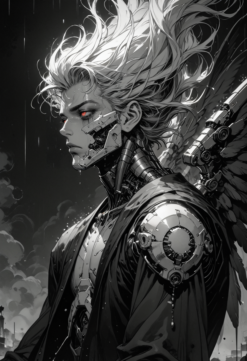 score_9, score_8_up, score_7_up, sad, tears, side view, 1hand up, floating, 1boy, mechanical parts, cyborg, mask, half closed eyes, red eyes, spot color,  monochrome, greyscale, male focus, floating hair, eyelashes, dripping, silhouette, wings, limited palette, dark aesthetic, Sinozick, kneeling, in pain, looking up, rain, dark theme, gloomy, <lora:sdxl_lightning_8step_lora:1> <lora:Art_Adams_Style_Pony_XL:0.5> <lora:Dark_Anime:0.2> <lora:glowneon_xl_v1:0.4> <lora:nostalgia-000011:0.3>  <lora:GRIM_v1:0.4>  <lora:Sinozick2:0.3>