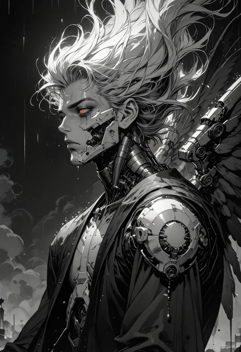 score_9, score_8_up, score_7_up, sad, tears, side view, 1hand up, floating, 1boy, mechanical parts, cyborg, mask, half closed eyes, red eyes, spot color,  monochrome, greyscale, male focus, floating hair, eyelashes, dripping, silhouette, wings, limited palette, dark aesthetic, Sinozick, kneeling, in pain, looking up, rain, dark theme, gloomy, <lora:sdxl_lightning_8step_lora:1> <lora:Art_Adams_Style_Pony_XL:0.5> <lora:Dark_Anime:0.2> <lora:glowneon_xl_v1:0.4> <lora:nostalgia-000011:0.3>  <lora:GRIM_v1:0.4>  <lora:Sinozick2:0.3>