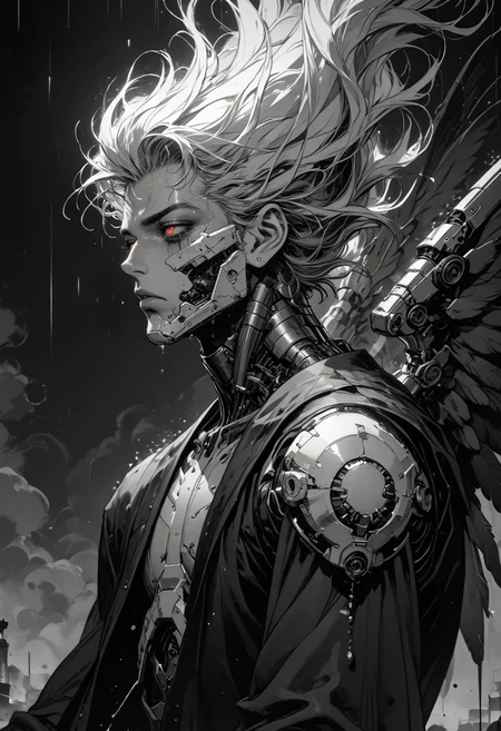 score_9, score_8_up, score_7_up, sad, tears, side view, 1hand up, floating, 1boy, mechanical parts, cyborg, mask, half closed eyes, red eyes, spot color, monochrome, greyscale, male focus, floating hair, eyelashes, dripping, silhouette, wings, limited palette, dark aesthetic, Sinozick, kneeling, in pain, looking up, rain, dark theme, gloomy, <lora:sdxl_lightning_8step_lora:1> <lora:Art_Adams_Style_Pony_XL:0.5> <lora:Dark_Anime:0.2> <lora:glowneon_xl_v1:0.4> <lora:nostalgia-000011:0.3> <lora:GRIM_v1:0.4> <lora:Sinozick2:0.3>