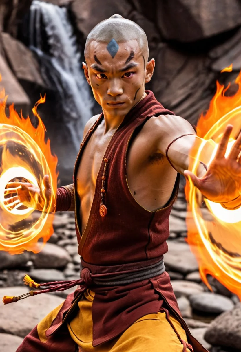 (score_9, score_8_up, score_7_up, OverallDetail, detailed style), Photography, bokeh:1.2, detailed background, 2 people, shallow depth of field, fcDetailPortrait, (Avatar The Last Airbender aang as a complete Elemental Master, mastering all of the elements in perfect form, fire, wind, water, earth, Zuko is in the background crying)