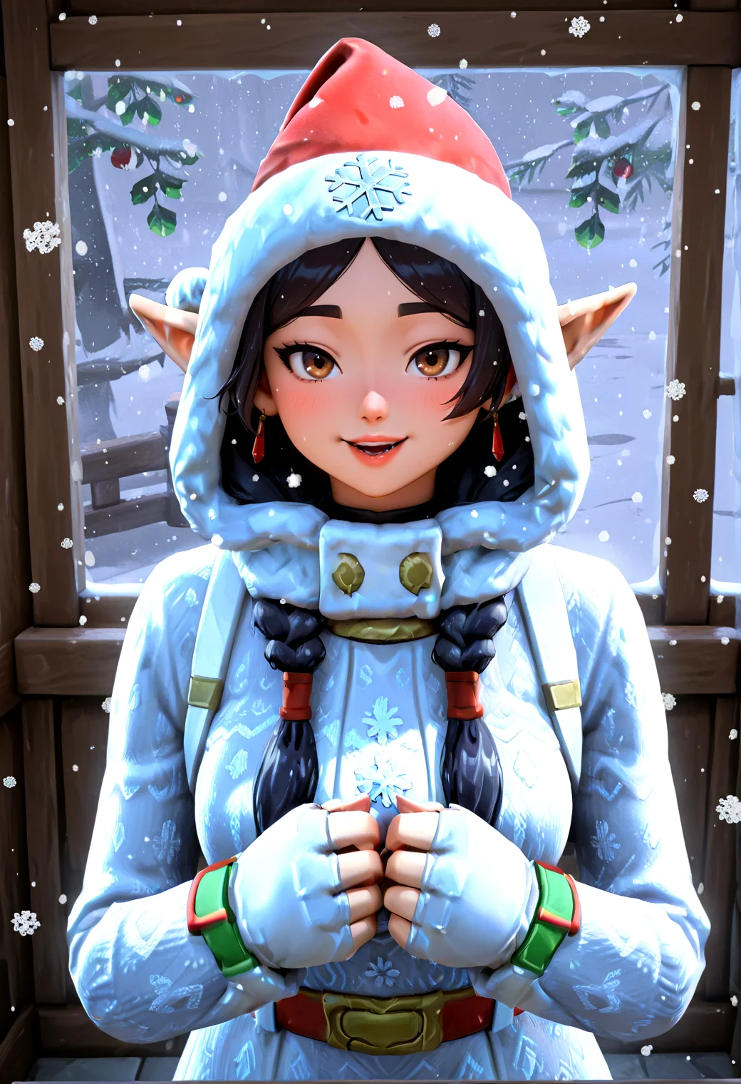 IllustriousQual <lora:StS-Illustrious-Detail-Slider-v1.0:2> <lora:cfg_scale_boost:0.3> <lora:Nog_Ops_IL_V1:1> NogOpsIL, santa hat, snowflake, black hair, braid, brown eyes, dark skin, fingerless gloves,detailed_background,indoors,hooded cloak,snowing,very long hair,looking at viewer,alternate costume,white hair,low twin braids,fur-trimmed hood,sousou no frieren,highres,fur-trimmed sleeves,solo,long hair,sleeves past wrists,parted bangs,floral background,sleeves past fingers,frieren,green eyes,braid,twin braids,closed mouth,elf,winter clothes,cloak,hood,fur-trimmed cloak,fur trim,nanahachi 77889,hood up,1girl,pointy ears