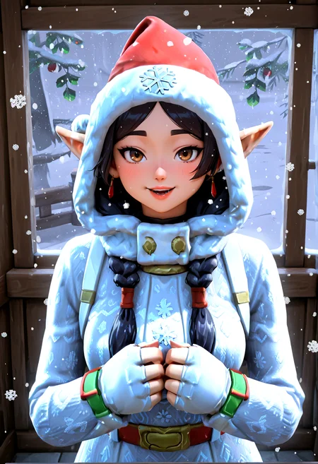 IllustriousQual <lora:StS-Illustrious-Detail-Slider-v1.0:2> <lora:cfg_scale_boost:0.3> <lora:Nog_Ops_IL_V1:1> NogOpsIL, santa hat, snowflake, black hair, braid, brown eyes, dark skin, fingerless gloves,detailed_background,indoors,hooded cloak,snowing,very long hair,looking at viewer,alternate costume,white hair,low twin braids,fur-trimmed hood,sousou no frieren,highres,fur-trimmed sleeves,solo,long hair,sleeves past wrists,parted bangs,floral background,sleeves past fingers,frieren,green eyes,braid,twin braids,closed mouth,elf,winter clothes,cloak,hood,fur-trimmed cloak,fur trim,nanahachi 77889,hood up,1girl,pointy ears