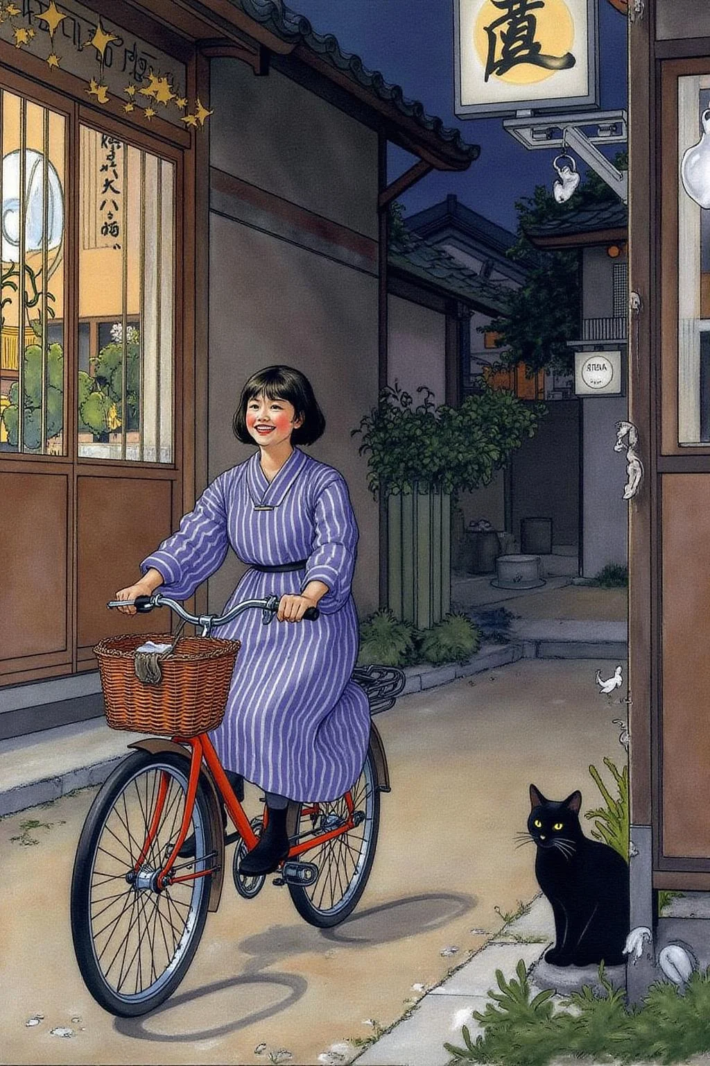car1ar painting.
A Japanese school girl riding a old style bicycle through a narrow, quiet street at night. The happy woman wears a simple, flowing purple dress. In the corner, a small black cat with piercing eyes sits watching her quietly. The mood is tranquil and slightly magical. <lora:car1ar1_cap_d6a3:1.0><lora:825491902825656220:0>