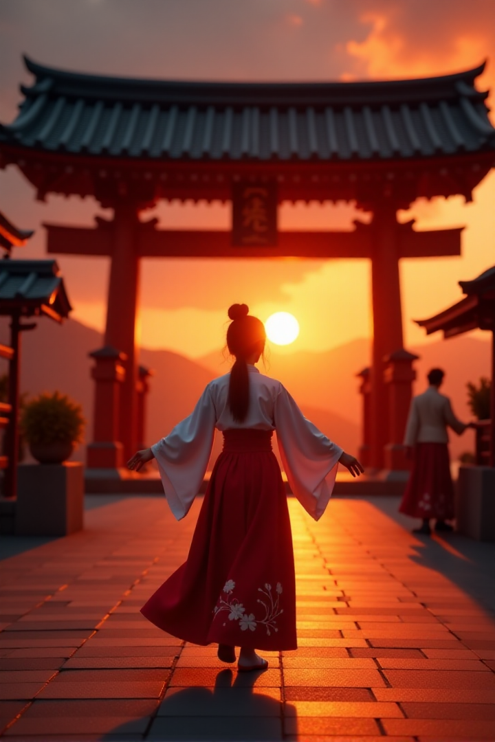 A Japanese Shinto shrine maiden performs a prayer dance in front of a shrine illuminated by the sunset.
FHD, Rich in details, masterpiece.âââ