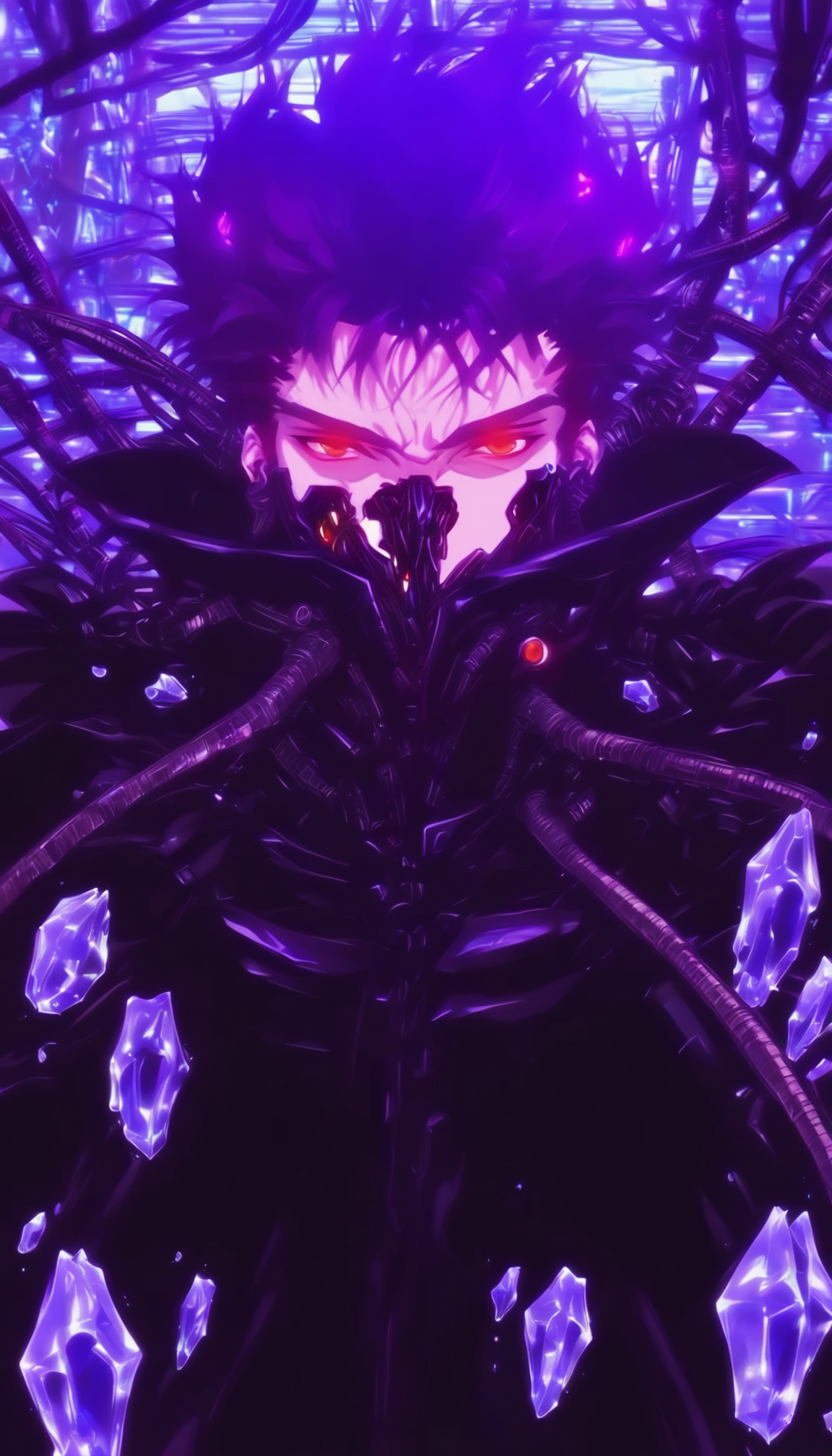 1boy, male focus, solo, glowing, black hair, crystal, looking at viewer, cable, red eyes, cyberpunk, upper body, science fiction, covered mouth, gas mask