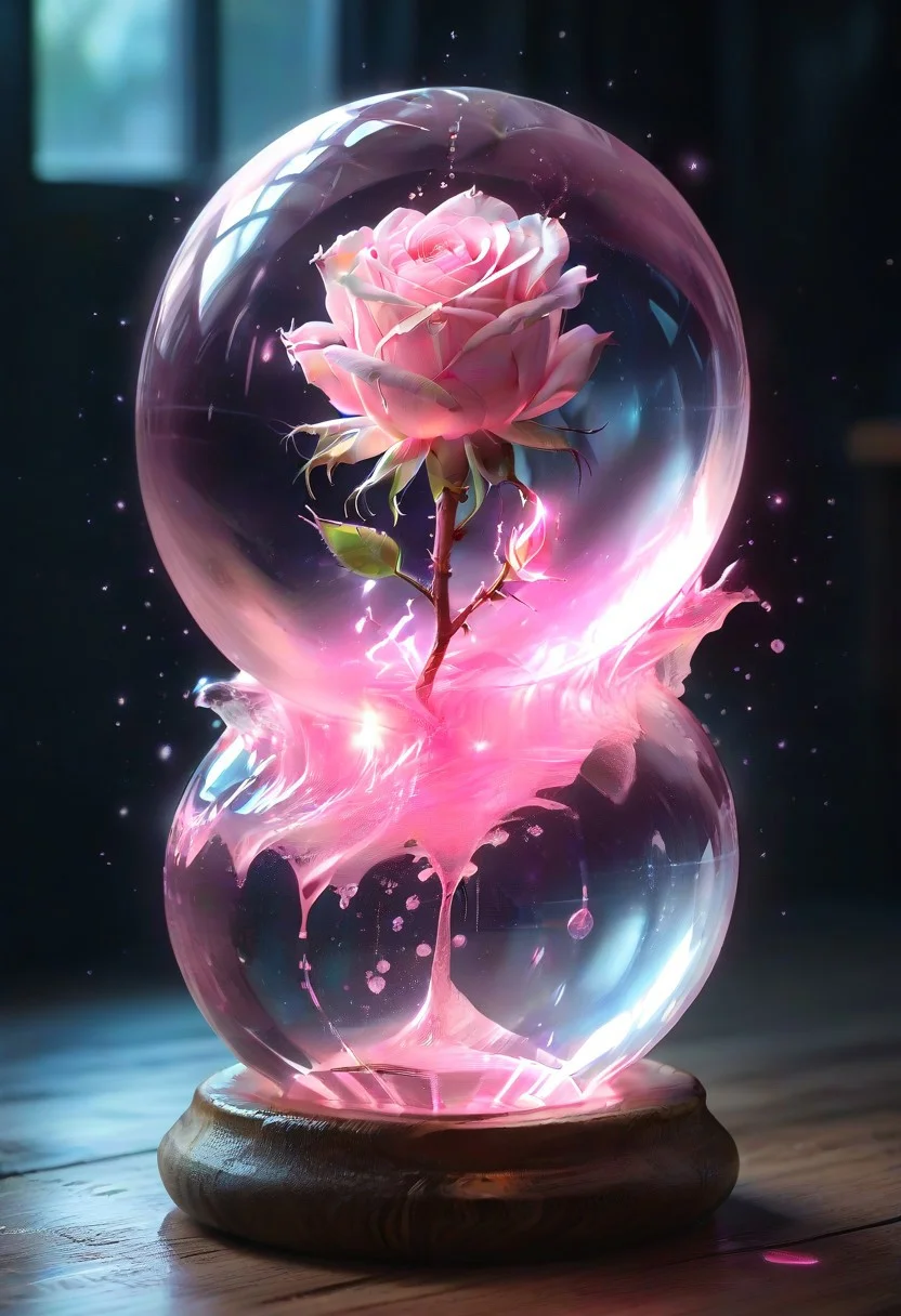 (masterpiece), best quality, (Floating Sphere, Crystal, Magic, Reflection, Melting, Dripping, Pink Rose), Black Background, No Humans, Starry Theme, (Light Refraction), White and Pink Theme, Natural Lighting, Verynsty,(Particles, aura, steam)