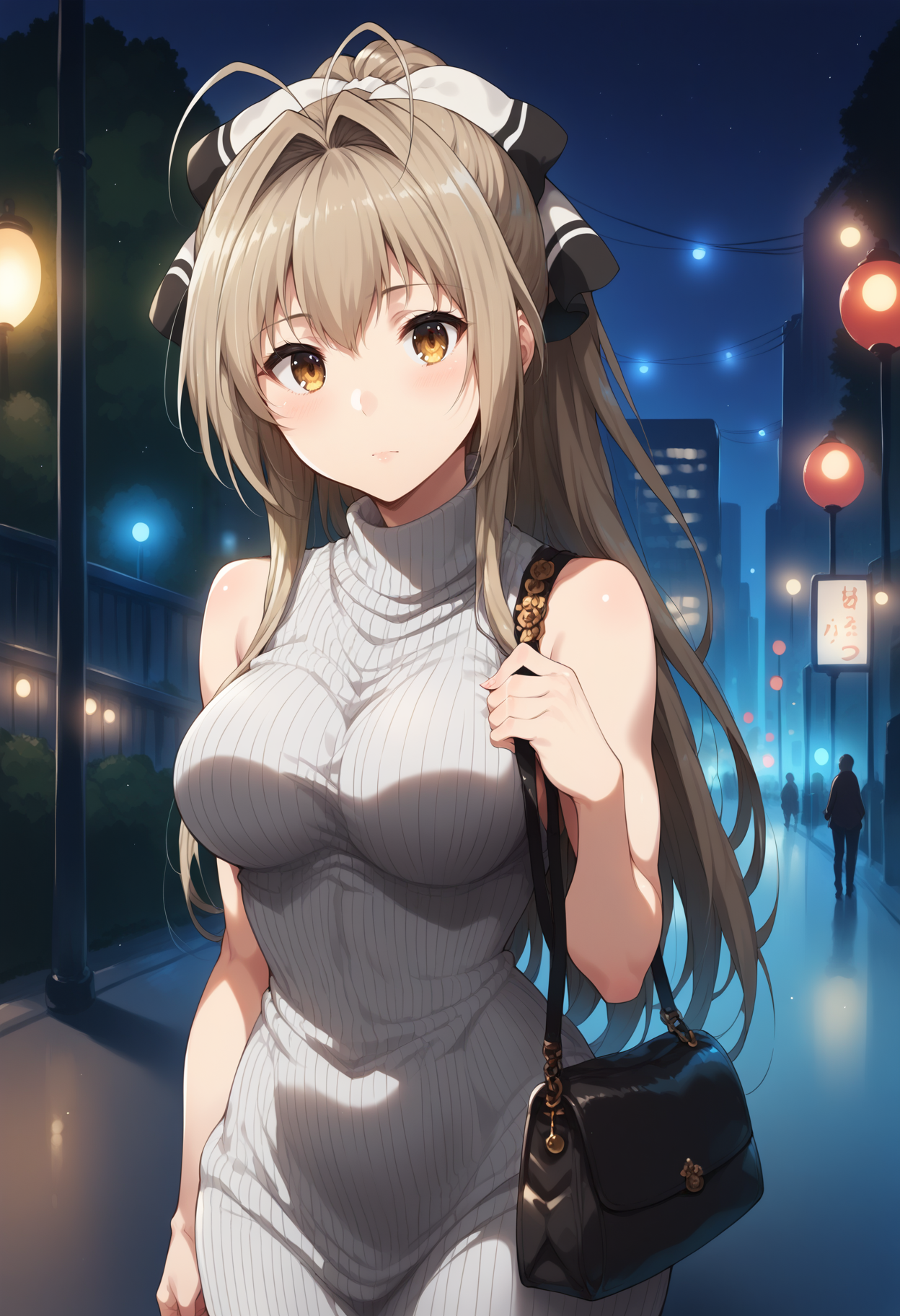 score_9, score_8_up, score_7_up, source_anime, aaisuzu, solo, long hair, antenna hair, ponytail, hair bow, breasts, <lora:sento_isuzu_xl_pony_v1:0.9>, night, street, city, standing, cowboy shot, sweater dress, sleeveless, ribbed sweater, handbag,