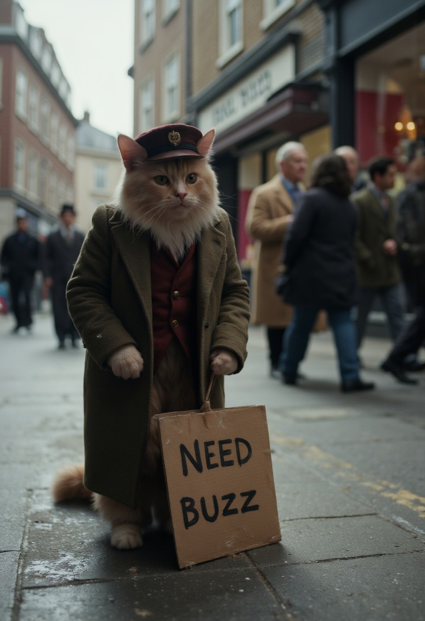 Photorealistic, a poor cat dressed as a human stands on a busy 1940s street with a brazen, criminal expression on her face. The cat wears a small, ragged jacket and a peaked cap, England gang peaky blinders. Around her, 1940s busy pedestrians and colorful shop windows contrast with her lonely figure. A small cardboard sign next to her reads "Need BuZZ", which captures the essence of her demand.