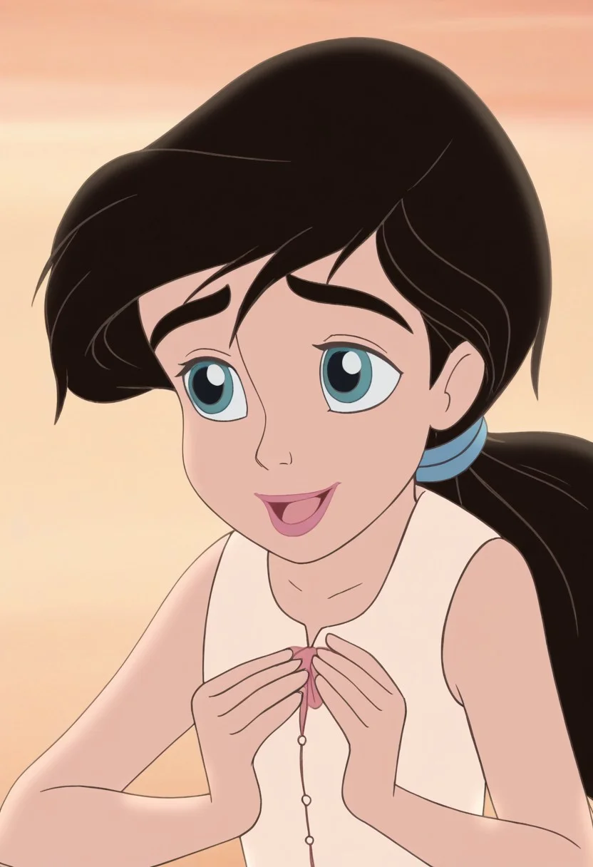 close up,melody,aqua eyes,black hair, ponytail,pink lips,happy,soft open mouth,thick eyebrows,arms down,hands down,five fingers,blue undershirt,sleeveless,white hairband,blue pantaletts,beach background