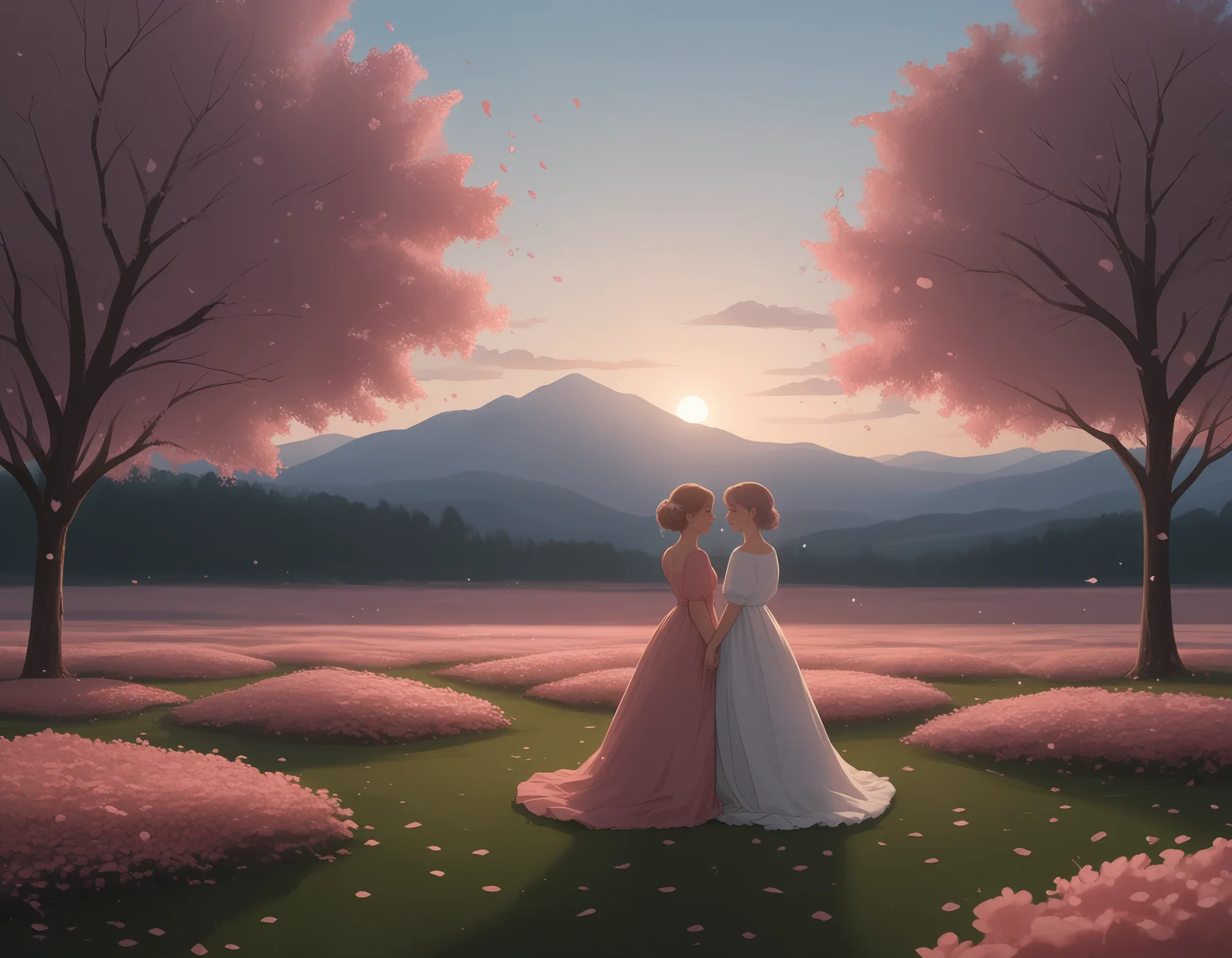 ( zPDXL3)
dreamy garden at sunset, blooming roses and cherry blossom trees, warm golden light, heart-shaped petals falling, 
soft pastel sky, magical atmosphere, delicate heart-shaped lanterns glowing, 
faint silhouettes of a couple in the distance on background, 
soft romantic ambiance, 
vast landscape, atmospheric depth, sense of scale