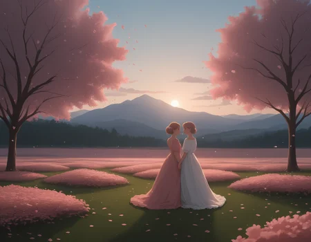( zPDXL3)
dreamy garden at sunset, blooming roses and cherry blossom trees, warm golden light, heart-shaped petals falling,
soft pastel sky, magical atmosphere, delicate heart-shaped lanterns glowing,
faint silhouettes of a couple in the distance on background,
soft romantic ambiance,
vast landscape, atmospheric depth, sense of scale