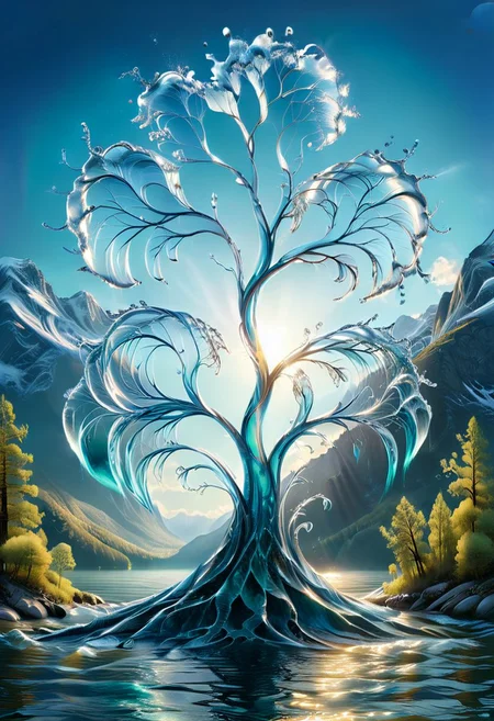 UHD, masterpiece, high quality, extremely details, intricate details, sharp focus, realistic, OverallDetailXL, sss
a tree made of ((water)) ,((ais-wvs)), lake surrounded by mountains,sun sunlight, sunray ,hyperkraximalism