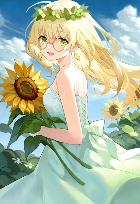 1girl, 
sunflower, green eyes, dress, virtual youtuber, solo, flower, blonde hair, looking at viewer, glasses, outdoors, sky, smile, ahoge, long hair, cloud, blue sky, round eyewear, day, yellow flower, open mouth, white dress, head wreath, earrings, breasts, bare shoulders, hair between eyes, strapless, looking back, green dress, holding, sundress, strapless dre, holding flower, very awa hime, jewelry,
masterpiece, best quality, newest, absurdres, highres, safe
 <lora:Dhiea1_noob1.1-000177:1>