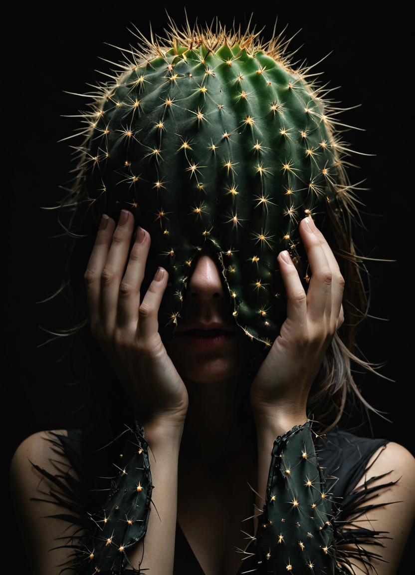 woman, cactus  covers  face head, solid black color background, super high quality, shallow dof