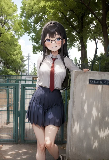 masterpiece, best quality, very aesthetic, absurdres,
1girl, solo, glasses, black hair, long hair, blue eyes, collared shirt, red necktie, pleated skirt, blue skirt, looking at viewer, blush, smile, happy,
school gate, scenery, tree, outdoors, fence, day, power lines, sign, sky
<lora:schoolgate_SDXL_V1:1>