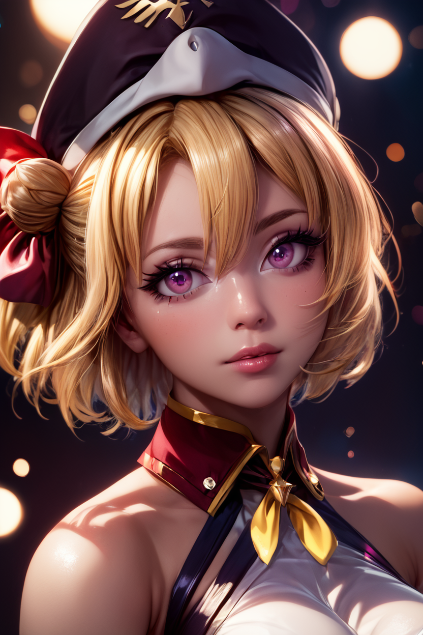 score_9, score_8_up, score_8, medium breasts, (curvy), cute, eyelashes,       ,,, , ,,, zzLeipzig, hair between eyes, pink eyes, blonde hair, hair bun, hair ribbon, one side up, short hair, single hair bun, hat, bare shoulders, purple eyes, ribbon, gloves, black gloves, medium breasts, black headwear, large breasts,  <lora:Leipzig_Azurlane_PDXL:1.0>,  ,,,, BREAK,  (ultra realistic,32k, masterpiece:1.2),(high detailed skin:1.1),( high quality:1.1), head tilt, lips, closed mouth, shiny clothes, (upper body), looking at viewer, bokeh, luminescent background, ,,, embedding:zPDXL, Expressiveh, ,,, <lora:RlAnmPDXL:1.0>,