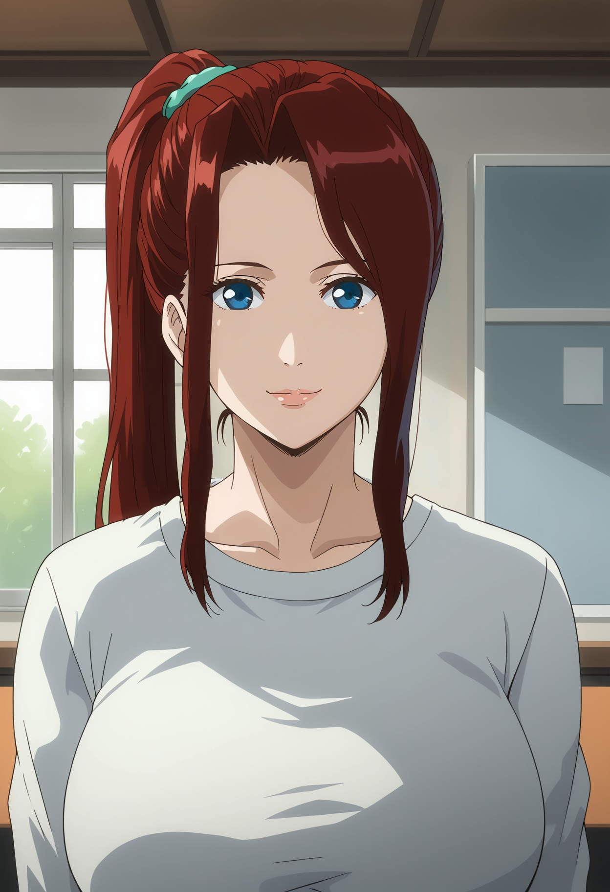<lora:Hitomi_Nikaido-Kichiku:0.9>,Hitomi,mature female,1girl,solo,long hair,red hair,blue eyes,large breasts,ponytail,shirt,upper body,looking at viewer,indoors,smile