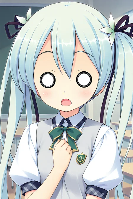 masterpiece, best quality, absurdres, official art, official style, general BREAK <lora:sawatarinanagi_IL_v1-2:0.7>, sawatari nanagi, 1girl, solo, aqua hair, blue hair, hair between eyes, short hair, twintails, hair ribbon, black ribbon, hair flower, white flower, petite, flat chest, school uniform, grey vest, sweater vest, white shirt, collared shirt, green bowtie, buttons, puffy short sleeves, arm ribbon, green ribbon, portrait, upper body, close-up, indoors, classroom,
blush, :o, black eyes, blank eyes, comic, looking at viewer, no nose, o o, open mouth, parody, solid circle eyes, surprised, white pupils