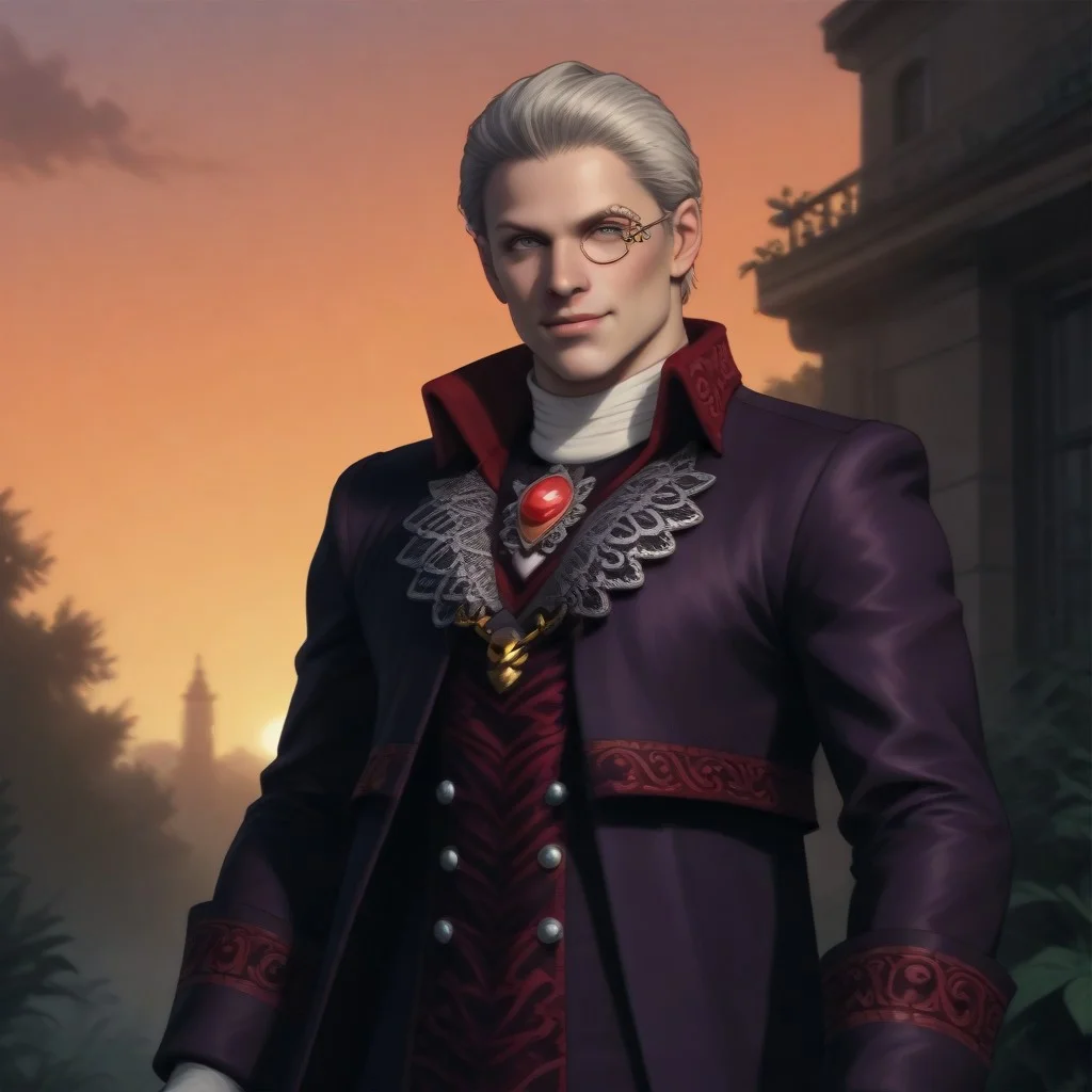 1boy, male focus, solo, realistic, (looking at viewer, soft smile), standing, looking at viewer, upper body,Sparda, white hair, short hair, grey eyes, monocle, purple coat, brooch, white gloves, pants
BREAK, Garden, sunset, orange sky, purple sky,