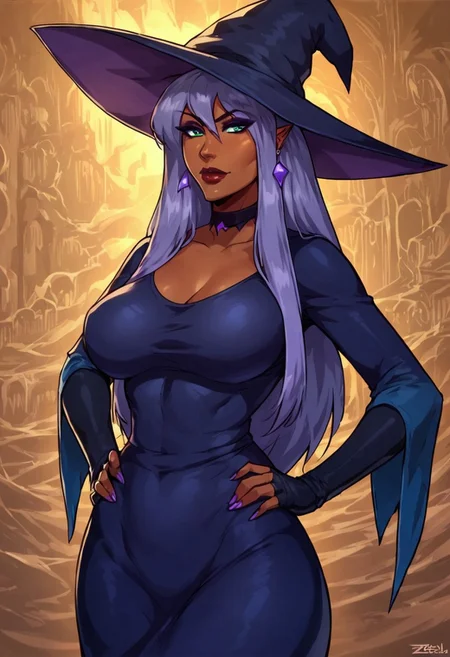 Score_9_up, score_8_up, score_7_up, score_6_up, source_realistic, BREAK 1girl, solo, Rizella, dark skin, violet hair, aqua eyes, big breasts, Dark purple witch hat, Dark purple dress, makeup, earrings, choker, hands on hips,