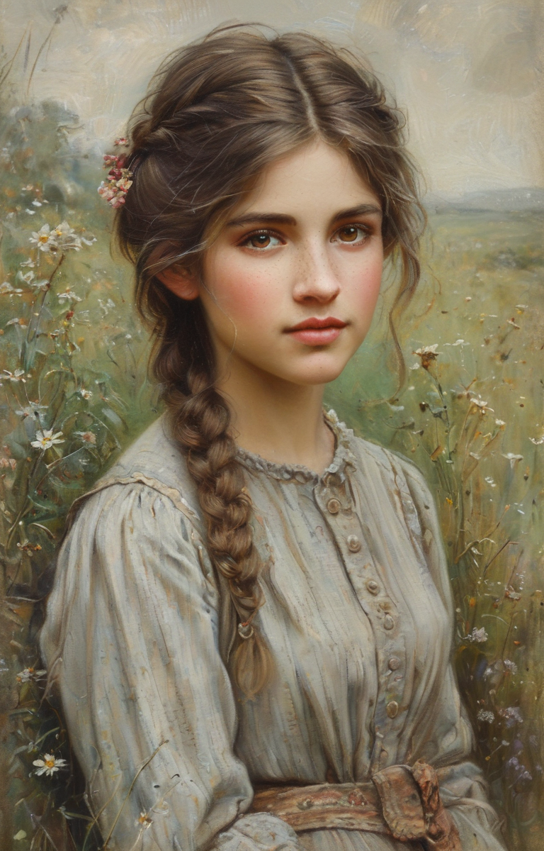 masterpiece,best quality,<lora:tbh136-sdxl:0.85>,portrait of  woman,illustration,style of Helen Allingham,
