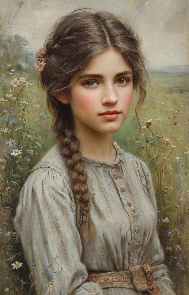masterpiece,best quality,<lora:tbh136-sdxl:0.85>,portrait of  woman,illustration,style of Helen Allingham,