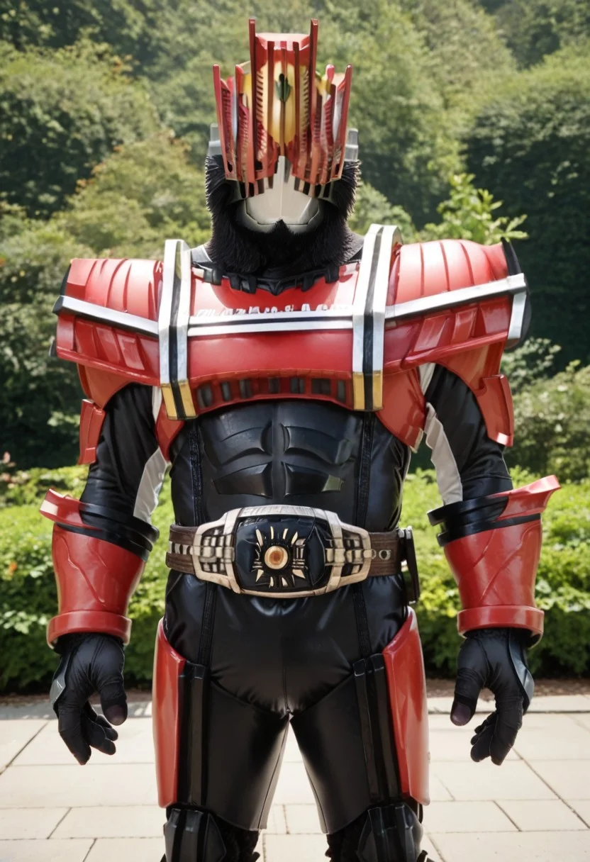 score_9, score_8, score_7, solo, armor, tokusatsu, bodysuit, helmet, rider belt, eagle, gorilla, whale, red armor,