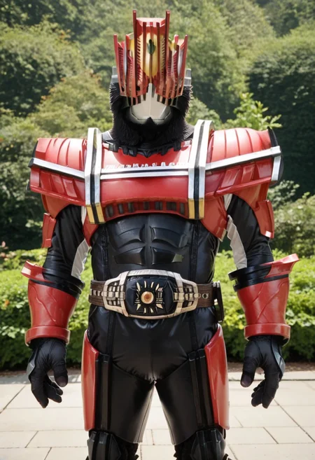score_9, score_8, score_7, solo, armor, tokusatsu, bodysuit, helmet, rider belt, eagle, gorilla, whale, red armor,
