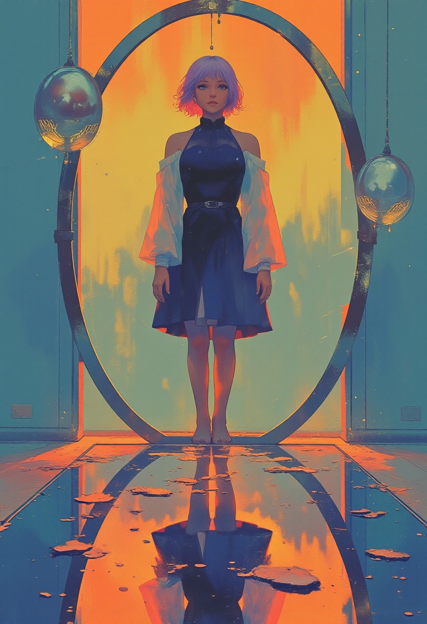 (highly detailed, digital drawing, surreal and dreamlike) A woman with pale skin and short lavender hair stands motionless in a reflective puddle, dressed in a flowing cobalt blue dress with wide sleeves and a high collar. Her face is turned away, hidden from view, but her reflection in the puddle reveals a grotesque, grinning mouth with cracked violet lips and crooked yellow teeth, stretched unnaturally wide. The background fades from radiant amber at the top to deep teal at the bottom, casting an eerie glow over the scene. Behind her stands a large oval mirror with a distressed silver frame, which also reflects the exaggerated mouth, further warping its form. The floor beneath the puddle gleams with reflected tones, amplifying the surreal effect. Clean lines, smooth gradients, and minimal detailing define the composition, centering visual tension on the disembodied smile and the unnatural stillness of the moment.