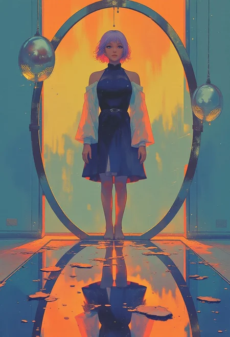 (highly detailed, digital drawing, surreal and dreamlike) A woman with pale skin and short lavender hair stands motionless in a reflective puddle, dressed in a flowing cobalt blue dress with wide sleeves and a high collar. Her face is turned away, hidden from view, but her reflection in the puddle reveals a grotesque, grinning mouth with cracked violet lips and crooked yellow teeth, stretched unnaturally wide. The background fades from radiant amber at the top to deep teal at the bottom, casting an eerie glow over the scene. Behind her stands a large oval mirror with a distressed silver frame, which also reflects the exaggerated mouth, further warping its form. The floor beneath the puddle gleams with reflected tones, amplifying the surreal effect. Clean lines, smooth gradients, and minimal detailing define the composition, centering visual tension on the disembodied smile and the unnatural stillness of the moment.