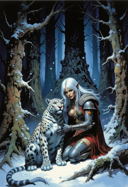 score_9, score_8_up, score_7_up, very detailed, ultra realistic, (best quality) very detailed masterpiece,A fantasy digital painting depicts an elf warrior kneeling on snow-covered ground in a dense, dark forest of tall trees with bark textures and vertical grooves. she has long, flowing white hair with bangs framing her face and pointed ears, characteristic of an elf. She wears intricately designed silver armor adorned with brass accents, colored gemstones (red, blue, green, yellow) embedded at joints and shoulders, and a fur-lined cloak draped over her shoulders. Her expression is focused and serious as she gently holds the face of a snowy white leopard with black spots. The leopard sits next to her, and looks calmly at the viewer with striking blue eyes. Snowflakes are falling softly throughout the scene, creating a serene and mystical atmosphere. The background features more leafless trees extending into the distance, their branches covered in snow. Dim light filters through the thick canopy, casting shadows and highlights across the scene. The lighting is cool, enhancing the wintry feel of the environment and highlighting the reflective surfaces of the armor and the soft texture of the leopard's fur., boris vallejo style, vermeer style, ,photo realistic oil painting,