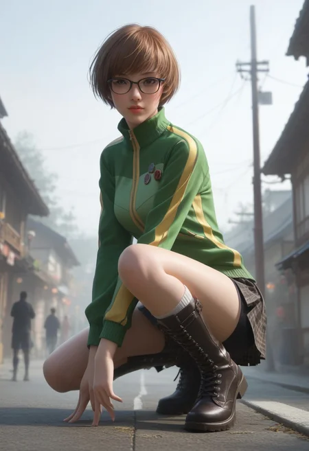 realistic, photorealistic, Expressiveh, score_9, score_8_up, score_7_up,
chiedef, brown hair, short hair, brown eyes, track jacket, badges, skirt, houndstooth, bike shorts, metal boots, (greaves), knees, glasses,
n1nj4 squat, solo, source_anime, in the fog, silhouette, small Japanese village,