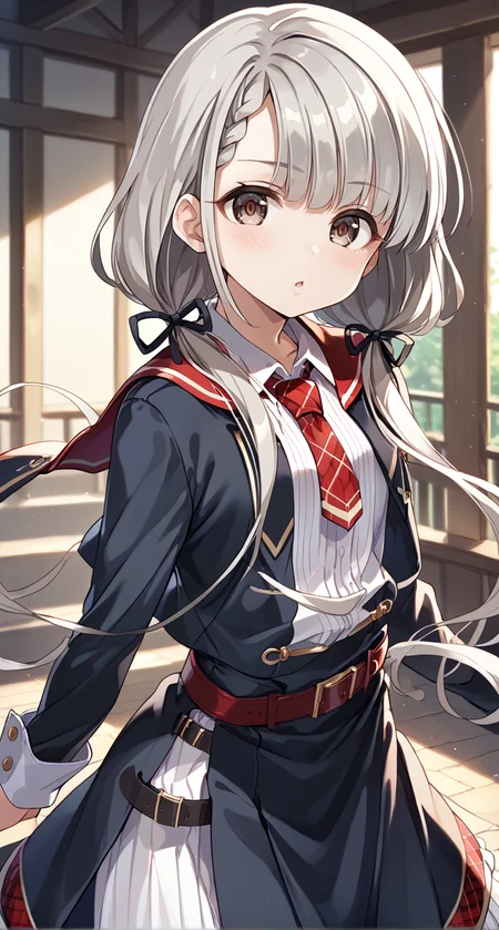 score_9,score_8_up,score_7_up,
official art,official style,game cg,megami magazine,
uncensored,
1girl,
hskwng blackdress,hisakawa nagi,
asymmetrical bangs,belt,belt buckle,black belt,black dress,black ribbon,
blush,braid,buckle,
collared shirt,dress,
eyelashes,brown eyes,grey hair,
hair ribbon,long hair,long sleeves,low twintails,
necktie,parted lips,plaid necktie,red necktie,
red sailor collar,ribbon,sailor collar,shirt,
standing,
<lora:idolmaster_hisakawa_nagi_pony_v1:1>,