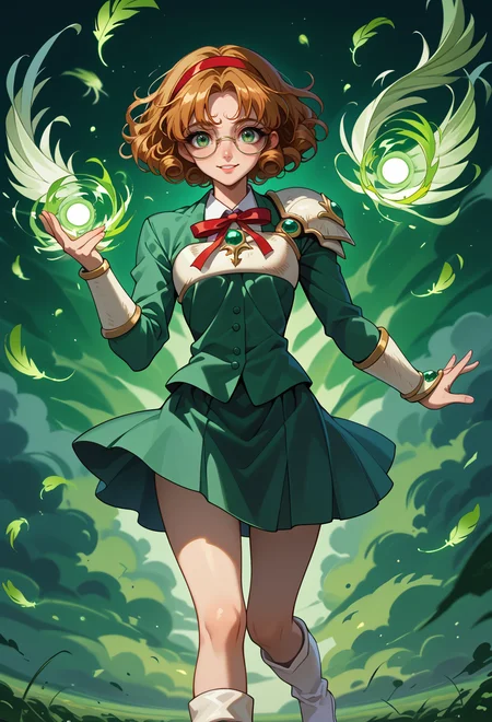 score_9, score_7_up, source_anime, solo, BREAK <lora:AEFuu-000009:0.9>
green eyes, curly hair, parted bangs, short hair, glasses, rimless eyewear, round eyewear, red hairband,
AEFuuKnight, ankle boots, breastplate, shoulder armor, white footwear,
standing, smile, wind, green energy, green magic, falling feathers, green feathers,