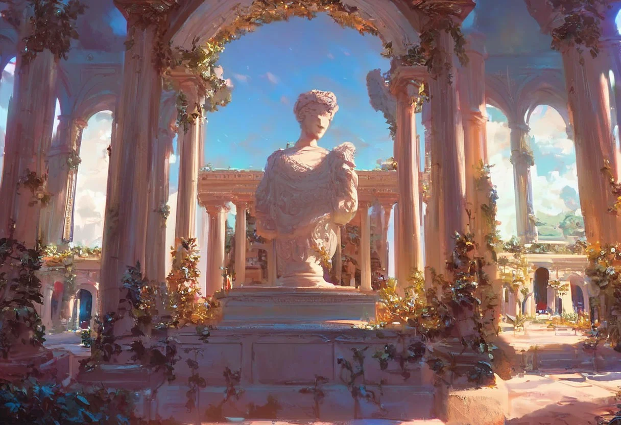 score_9, score_8_up, score_7_up, pmg style, roman temple, sunset, statue of zeus