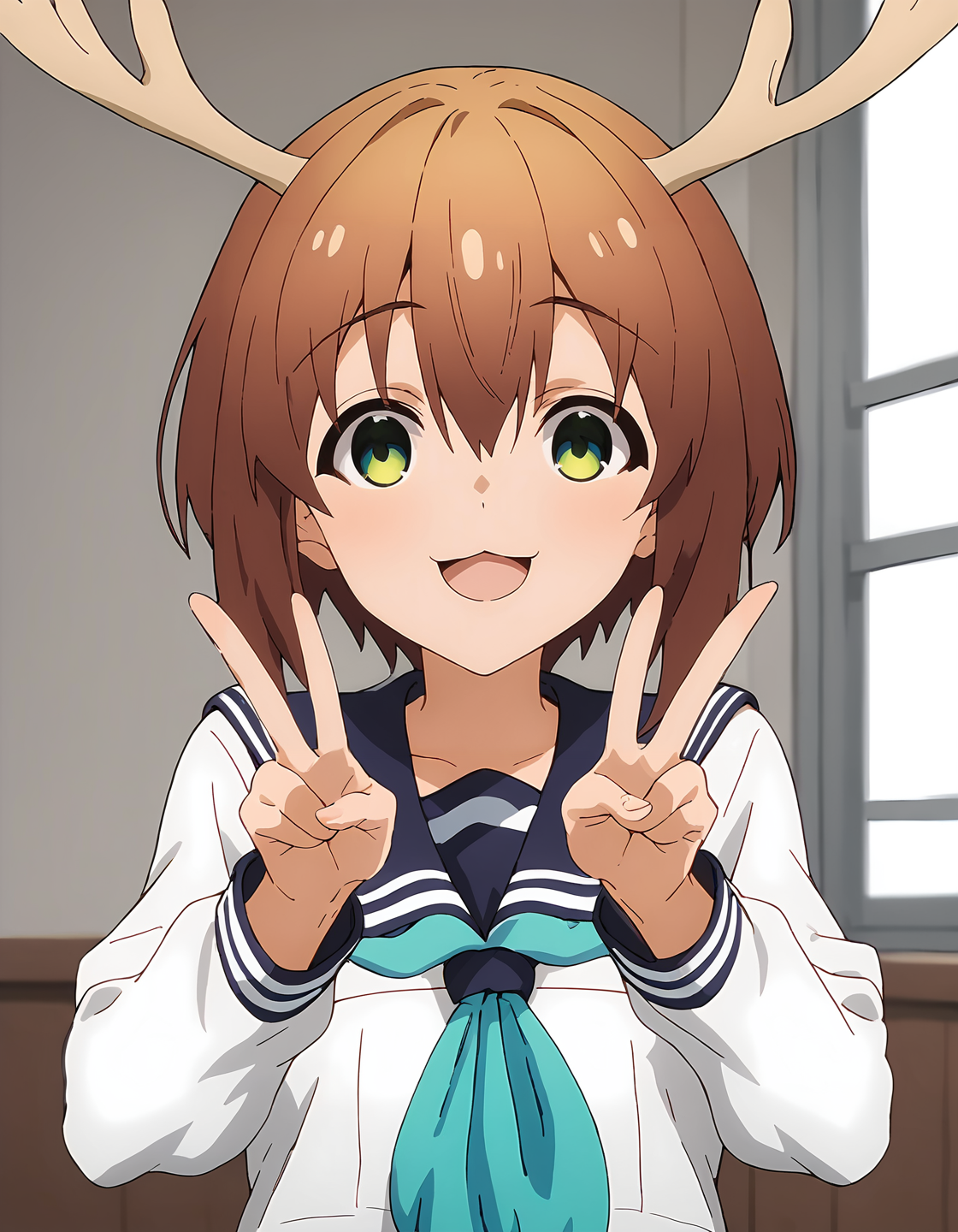 score_9, score_8_up, score_7_up, score_6_up, score_5_up, score_4_up, source_anime, <lora:Nokotan_T1V1:0.85>,
1girl, solo, anime screencap,
Nokotan_T1V1, brown hair, short hair, hair between eyes, green eyes, deer antlers, 
school uniform, serafuku, white shirt, long sleeves, blue sailor collar, aqua neckerchief, 
looking at viewer, :3, open mouth, smile, 
indoors, upper body, hands up, double v,