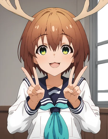score_9, score_8_up, score_7_up, score_6_up, score_5_up, score_4_up, source_anime, <lora:Nokotan_T1V1:0.85>,
1girl, solo, anime screencap,
Nokotan_T1V1, brown hair, short hair, hair between eyes, green eyes, deer antlers, 
school uniform, serafuku, white shirt, long sleeves, blue sailor collar, aqua neckerchief, 
looking at viewer, :3, open mouth, smile, 
indoors, upper body, hands up, double v,