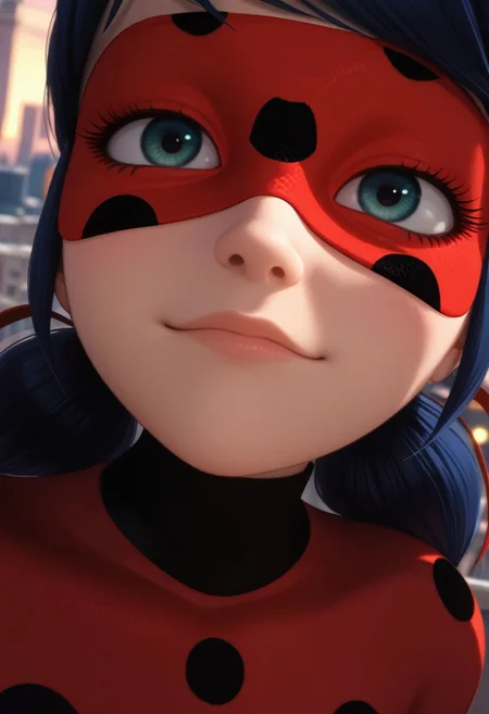 score_9, score_8_up, score_7_up, score_6_up, Hyperrealistic, photorealistic, super detailed, red suit with black spots all over her body, red mask covering her eyes, bright bluebell eyes, shoulder-length black hair with blue reflections tied back in pigtails, large pores, unreal engine, octane render, droped shadow, bokeh, cinematic lighting, Miraculous, , <lora:34409c22-b7c2-478d-9cfd-499046a0cef2:0.7> sunrise, ( face focus, from above, close-up:1.4), rooftops, mansion, city, fisheye, (relaxed, dutch angle:1.2), smug, blush